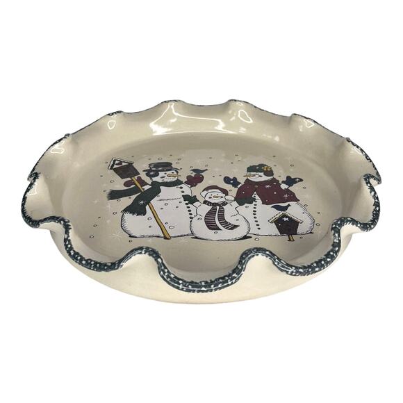 Home & Garden Party 12" SERVING PLATTER Ceramic Pottery Snowman Family Ruffled - Picture 3 of 6